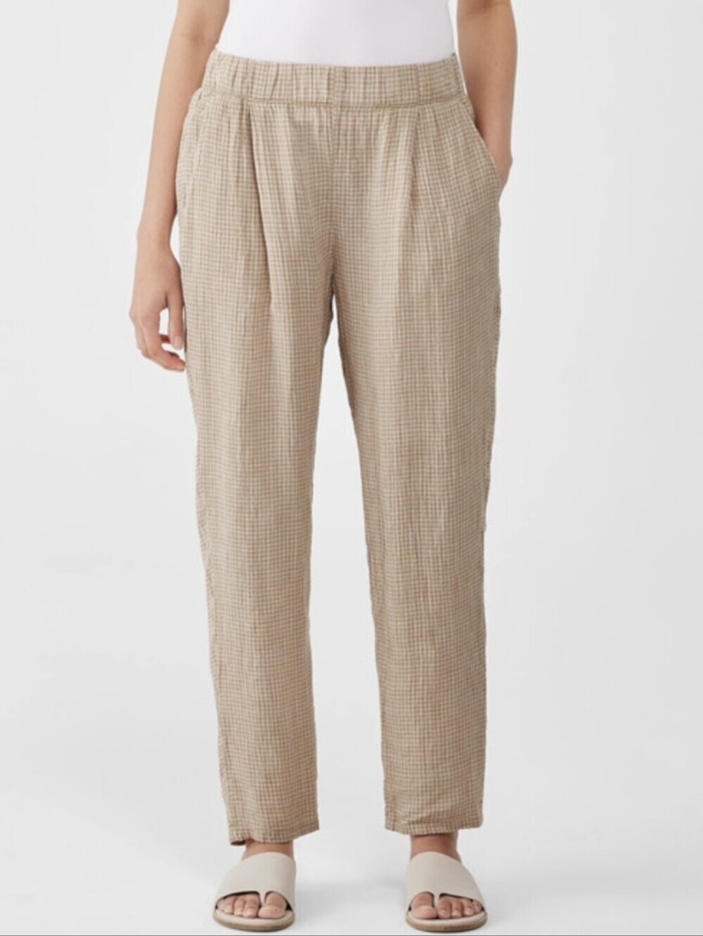 Eileen Fisher Puckered Organic Linen Tapered Pants Medium Beige Gingham Plaid